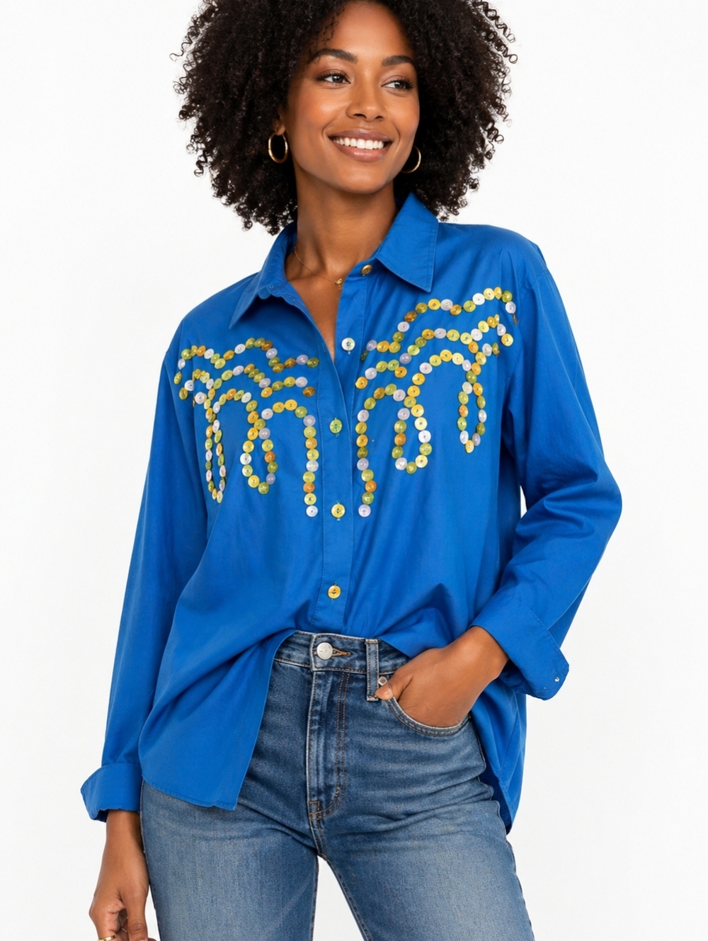 Bob Mackie Wearable Art Western Button Detail Shirt Blue Statement Top Womens L